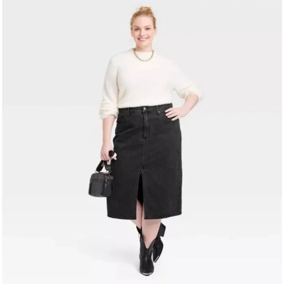 Universal Thread Black Denim Split Front Midi Skirt Size 17/XXL - Picture 1 of 6